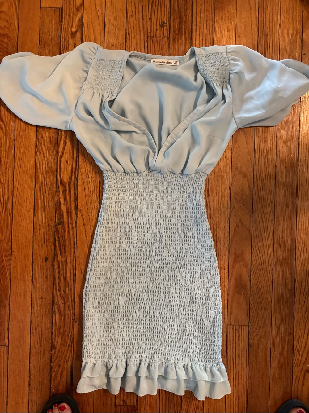 Abercrombie Light Blue Smocked Midi Dress with Puff Sleeves